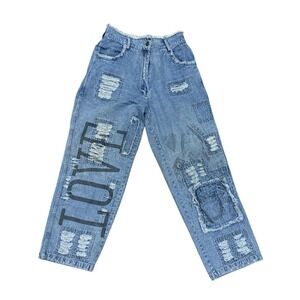 PAPER LACE DISTRESSED BAGGY JEANS PATCHWORK QUEEN OF HEARTS HIGH WAISTE MEDIUM